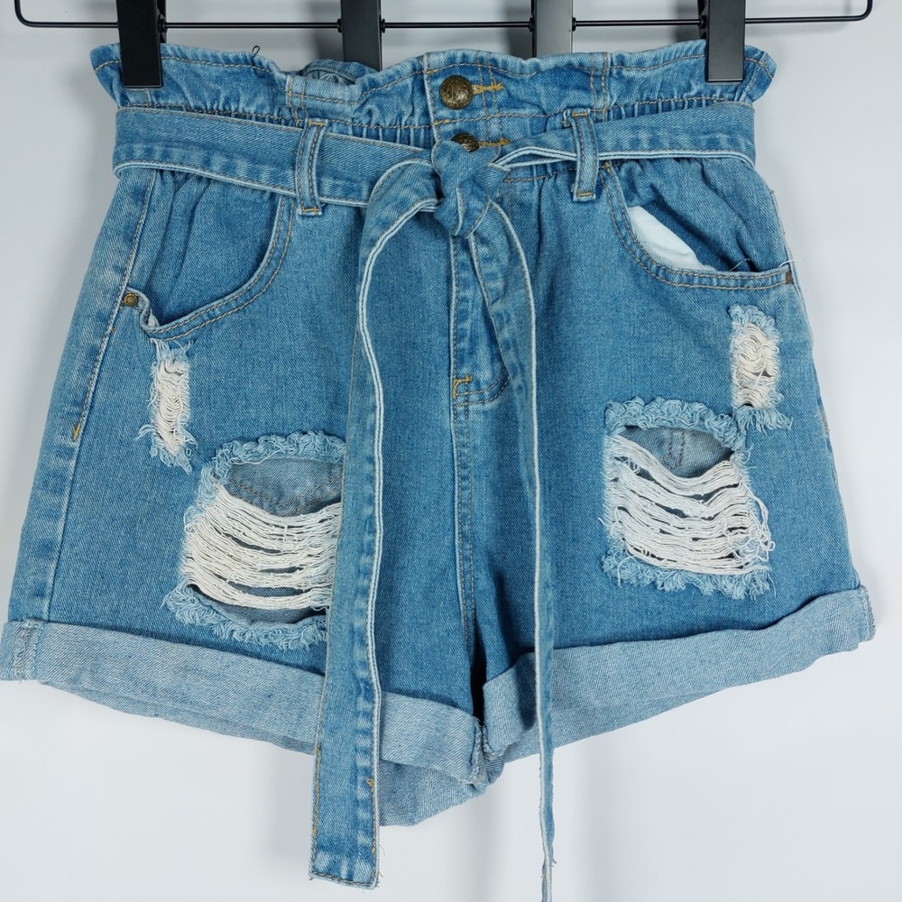 Denim Blvd Wms Small Jean Shorts Stretch High Rise Med Blue Distressed Sash 90s‎